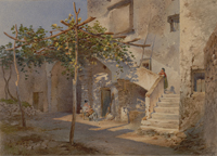 Рахау К.К. Вид итальянского дворика на Капри. XIX век. Бумага, акварель