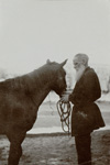 Л.Н. Толстой взнуздывает лошадь. Фотография П.В. Преображенского. Ясная Поляна. 1898 г.