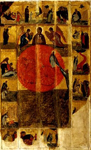 Огненное восхождение пророка Илии с Богоматерью Никопиеей и преклоненными. Конец XIV - начало XV вв.