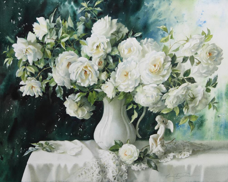 Е. Базанова. Белые розы. Бумага, акварель. 2015