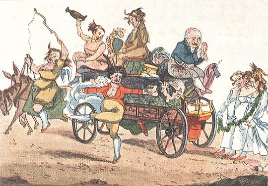 Изгнание из Москвы французских актрис. Карикатура А.Г. Венецианова.